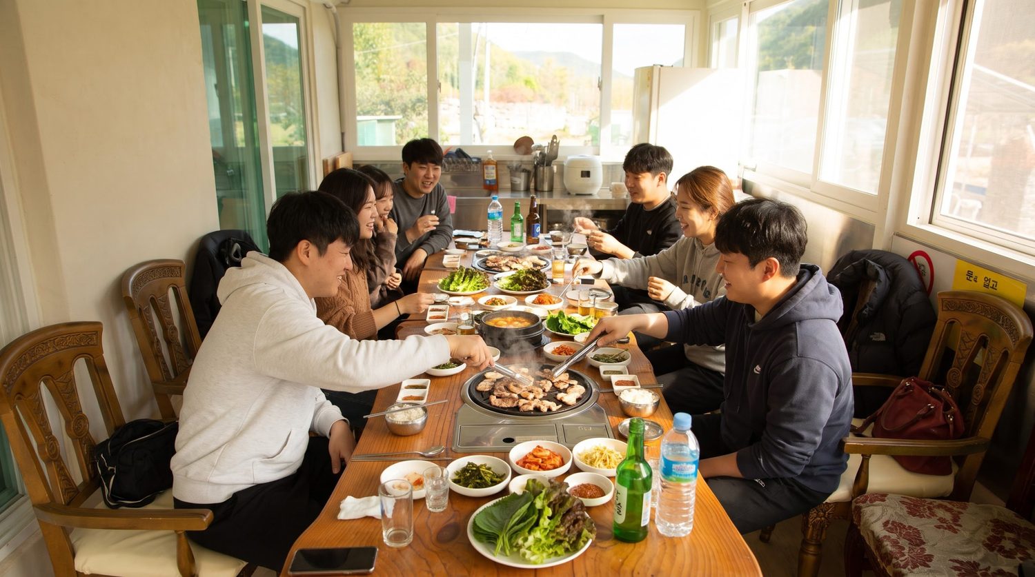 붉은 벽돌 카페의 저녁 불빛 — 김작가사진이야기펜션